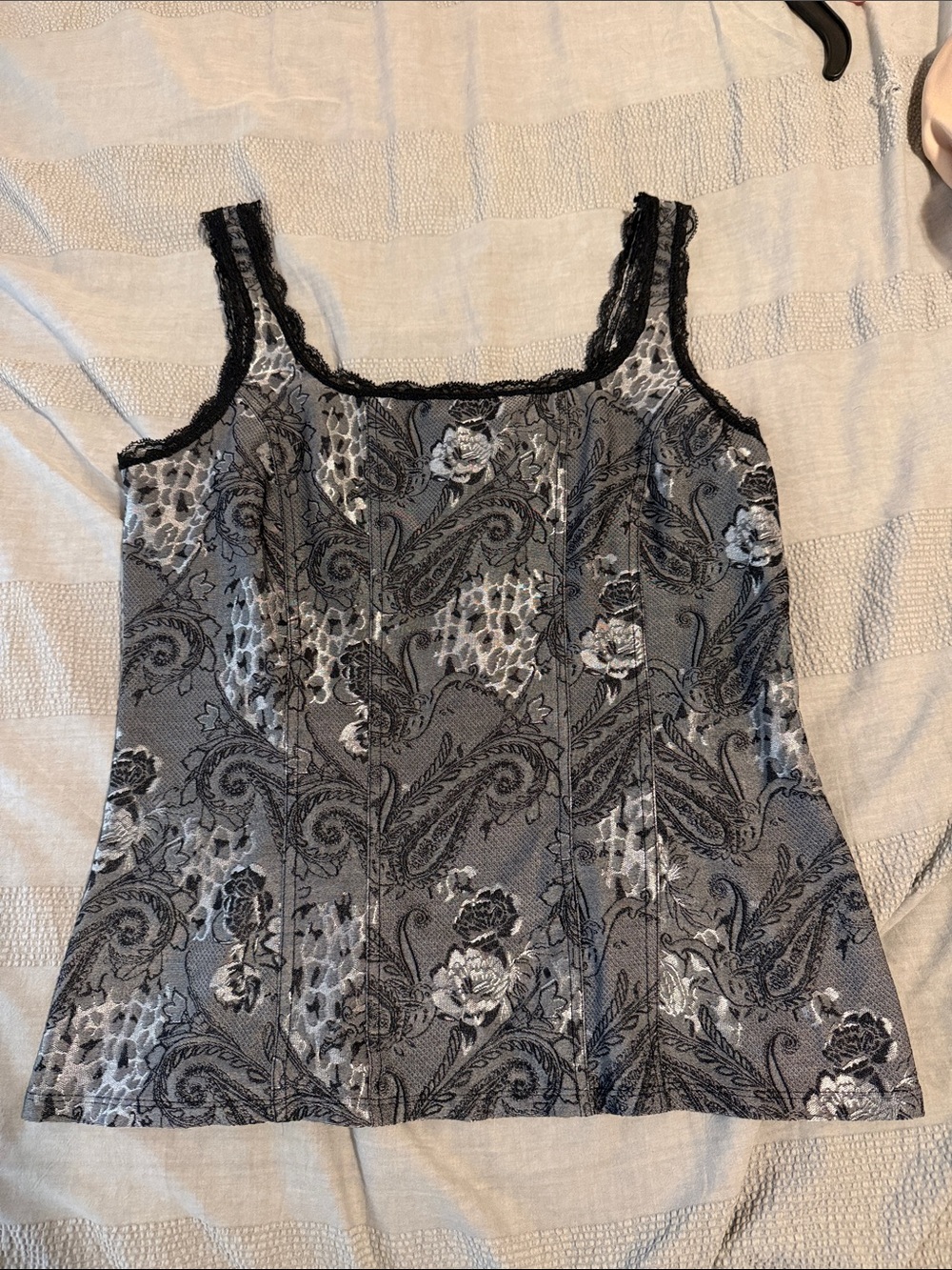 White House Black Market Black & Gray Paisley Lace-Trim Camisole Top